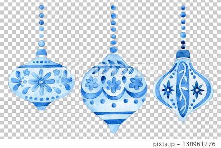 A set of blue watercolor Christmas tree decorations. Vintage-style illustration. 130961276
