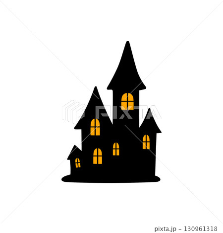 オレンジ色の光る窓のハロウィン屋敷イラスト オレンジ色の光る窓のハロウィン屋敷イラスト 130961318