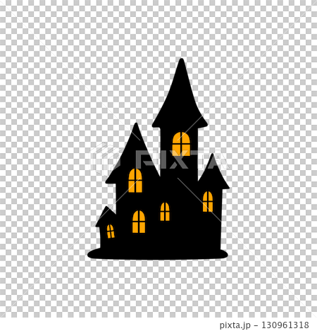 オレンジ色の光る窓のハロウィン屋敷イラスト オレンジ色の光る窓のハロウィン屋敷イラスト 130961318
