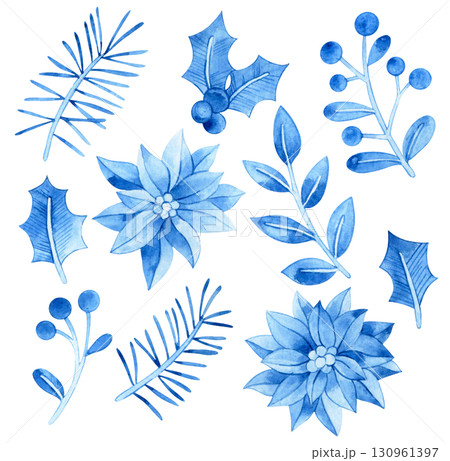 Watercolor set of blue Christmas plants in vintage style Watercolor set of blue Christmas plants in vintage style 130961397