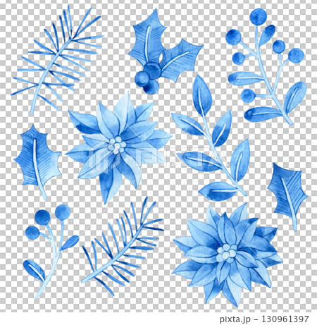 Watercolor set of blue Christmas plants in vintage style Watercolor set of blue Christmas plants in vintage style 130961397