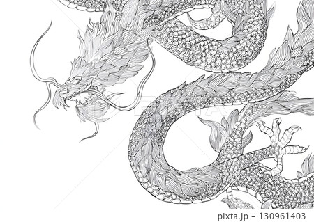 黒い龍の細密画イラスト。和風デザインやタトゥーに最適な伝統的モチーフ 黒い龍の細密画イラスト。和風デザインやタトゥーに最適な伝統的モチーフ 130961403