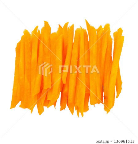 Top view of a pile of grated carrots isolated on white background 130961513