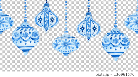 Watercolor seamless frame with blue Christmas toys in vintage style. Watercolor seamless frame with blue Christmas toys in vintage style. 130961570