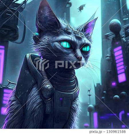 Cat at night in city with a neon light in cyberpunk style. Generative AI illustration 130961586