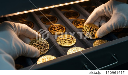 Professional handling of golden cryptocurrency coins in protective storage case 130961615
