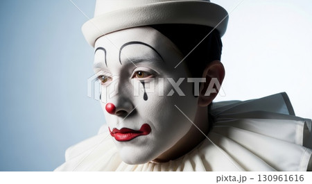 Professional Mime Artist Portrait with White Face Paint and Traditional Costume 130961616