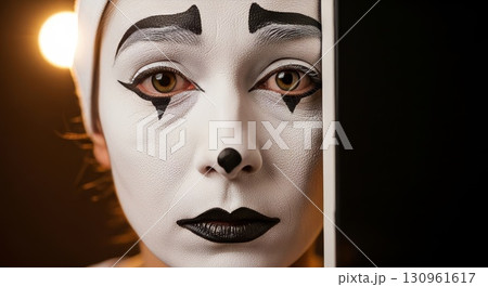 Professional theatrical mime makeup with dramatic black and white face paint 130961617