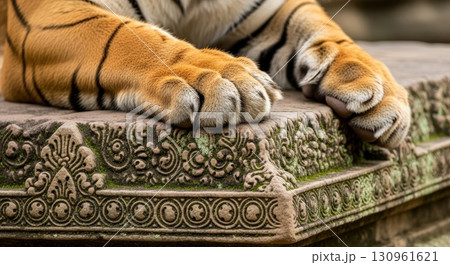 Tiger paws resting on ornate carved stone ledge with intricate decorative patterns Tiger paws resting on ornate carved stone ledge with intricate decorative patterns 130961621
