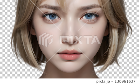 Close-up portrait of a young woman with blue eyes and blonde bob hair. Natural beauty and smooth skin Close-up portrait of a young woman with blue eyes and blonde bob hair. Natural beauty and smooth skin 130961637