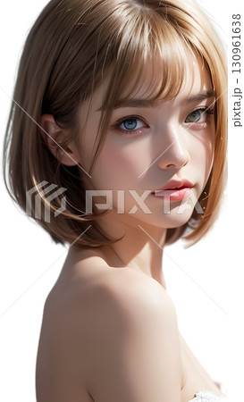ブロンドのボブヘアと透明感のある肌を持つエレガントな若い女性、肩越しに見つめる自然光のポートレート 130961638