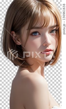 ブロンドのボブヘアと透明感のある肌を持つエレガントな若い女性、肩越しに見つめる自然光のポートレート 130961638