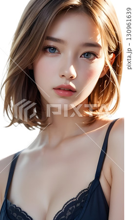 自然光の中でカメラを見つめるレースランジェリー姿の美しいショートヘアの女性 130961639