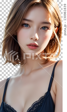 自然光の中でカメラを見つめるレースランジェリー姿の美しいショートヘアの女性 130961639