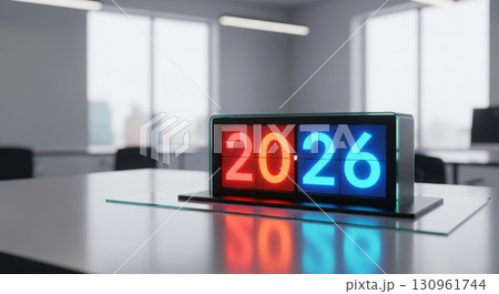 Digital Countdown Clock Displaying Year 2026 in Modern Office 130961744