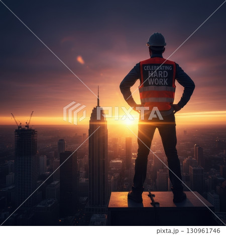 Sunset Over City Skyline with Construction Worker Observing View Sunset Over City Skyline with Construction Worker Observing View 130961746
