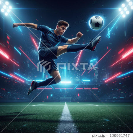 Dynamic Soccer Player Performing Header with Ball in Motion Dynamic Soccer Player Performing Header with Ball in Motion 130961747