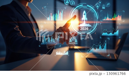 Businessman Touching Digital Interface with Future Technology Projection 130961766