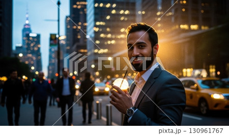 Smiling Businessman in Cityscape with Evening Lights and Traffic 130961767