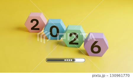 Creative Hexagonal Blocks Representing Year 2026 on Yellow Background 130961770