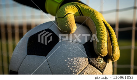 Wet Soccer Ball and Goalkeeper Gloves with Water Droplets in Golden Light Wet Soccer Ball and Goalkeeper Gloves with Water Droplets in Golden Light 130961852