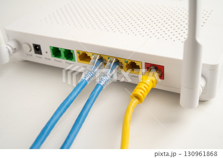 Ethernet cable with wireless router connect to internet service provider network. 130961868