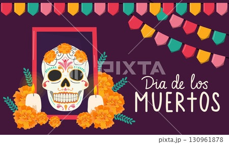 Mexican Day of the Dead. Altar with marigolds, candles and skull	 130961878