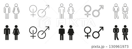 Male And Female Gender Symbols And Restroom Icons. Gender Identification And Bathroom Sign Outline And Silhouette Symbol Collection. Public Facilities. Isolated Vector Illustration 130961973