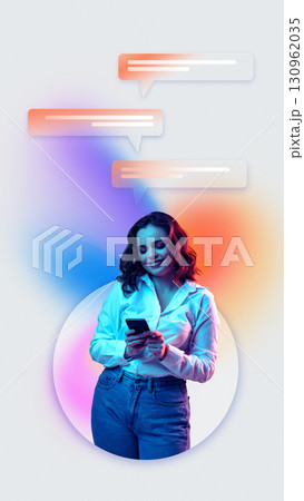 Collage of smiling woman texting on smartphone with glowing chat bubbles above 130962035
