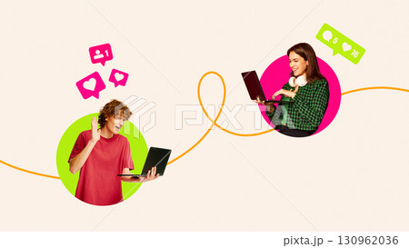 Creative artwork. Young man and woman with laptops connected by line and social icons 130962036