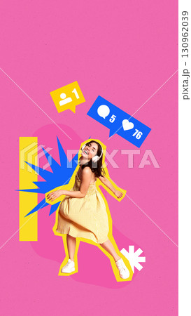 Colorful artwork. Happy young woman in yellow dress with headphones and social media icons 130962039