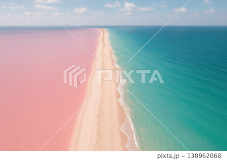 Aerial Split Between Pink Lagoon, Sandbar Beach, and Teal Ocean 130962068