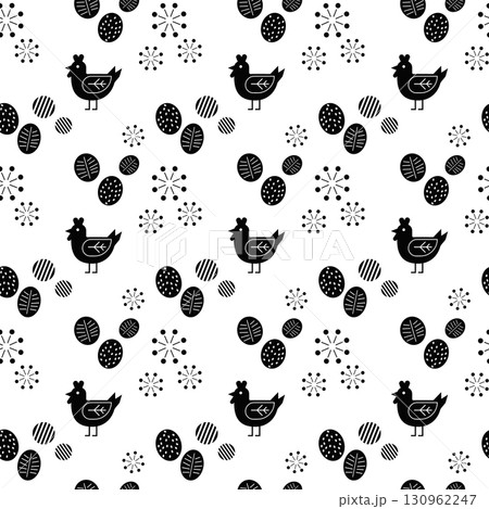 北欧風ニワトリと卵のシームレスパターン背景（ブラック） 130962247