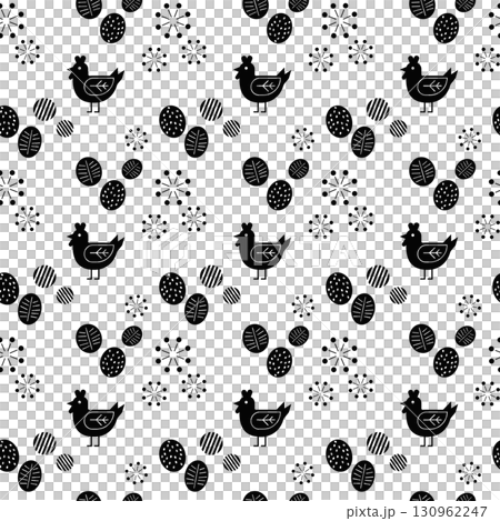 北欧風ニワトリと卵のシームレスパターン背景（ブラック） 130962247