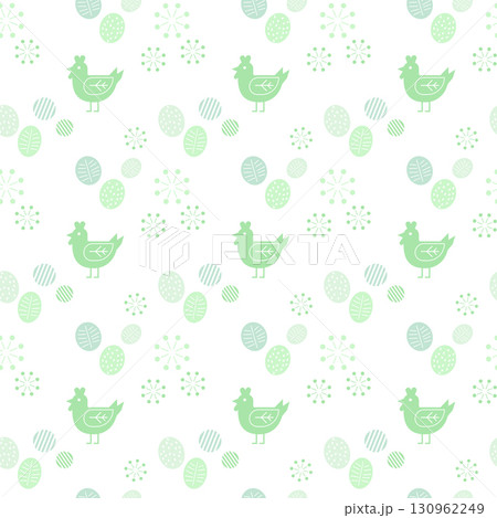 北欧風ニワトリと卵のシームレスパターン背景（グリーン系） 130962249