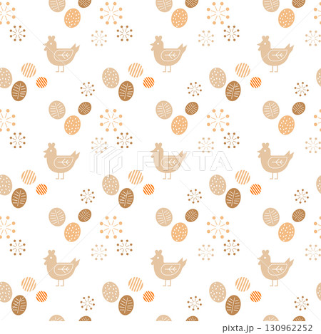 北欧風ニワトリと卵のシームレスパターン背景(ベージュ系) 北欧風ニワトリと卵のシームレスパターン背景(ベージュ系) 130962252