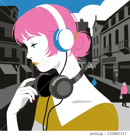ヘッドフォンを二つして音楽を聴いている女性のグラフィック素材 130962317