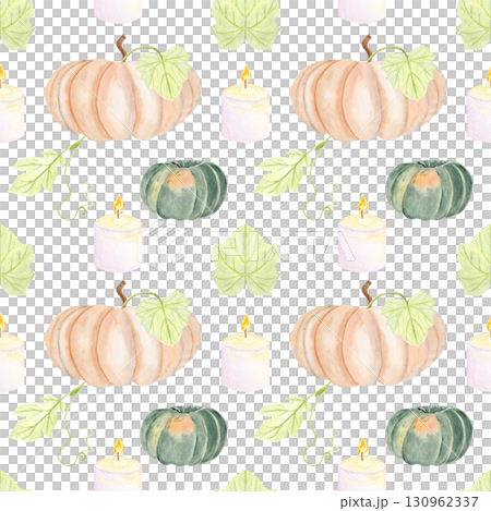 Pumpkins, candles, green leaves on white background. Seamless watercolor pattern. Cozy harvest design perfect for fall textiles, Thanksgiving, Halloween wrapping paper, stationery, home accessories Pumpkins, candles, green leaves on white background. Seamless watercolor pattern. Cozy harvest design perfect for fall textiles, Thanksgiving, Halloween wrapping paper, stationery, home accessories 130962337