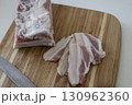 Ukrainian traditional cuisine. Very tasty pieces of salo. Raw ukrainian bacon or salo on wooden board. Sliced salted pork lard (salo). Food concept. 130962360
