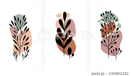 Vector set of cards with abstract plants with geometric shapes in pastel palette. Modern minimal style with organic forms. 130962382