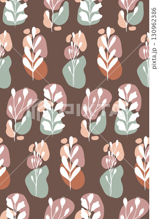 Vector seamless pattern with plants silhouettes and colorful shapes on dark background. Floral texture in modern minimalism Vector seamless pattern with plants silhouettes and colorful shapes on dark background. Floral texture in modern minimalism 130962386