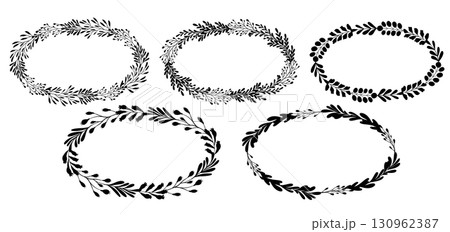 Vector set of elegant floral oval wreaths. Black silhouette minimalistic botanical style for modern design. Vector set of elegant floral oval wreaths. Black silhouette minimalistic botanical style for modern design. 130962387