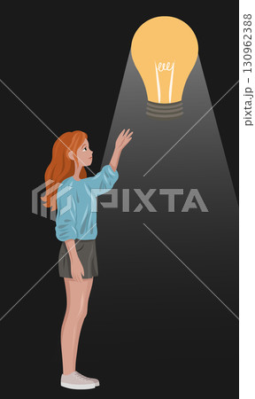 Vector illustration of a young woman reaching for a light bulb in dark room. New idea. Search for inspiration. Thoughts and innovations. C Vector illustration of a young woman reaching for a light bulb in dark room. New idea. Search for inspiration. Thoughts and innovations. C 130962388