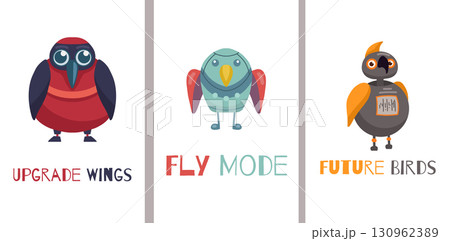 A vector set of posters with futuristic robotic bird and funny quote, perfect for a technology card, sci-fi themes, A vector set of posters with futuristic robotic bird and funny quote, perfect for a technology card, sci-fi themes, 130962389