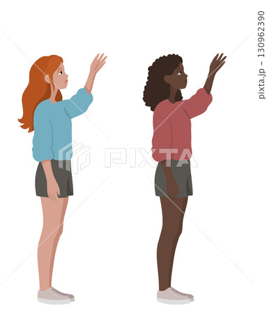 Vector illustration of two young women reaching upward. Collection of African and European teenage girls. Suitable for educational projects Vector illustration of two young women reaching upward. Collection of African and European teenage girls. Suitable for educational projects 130962390