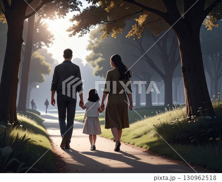 View from back side of a family walking in the park together, holding hands, evening time in the park, space for copy and design. Landscape image. 130962518