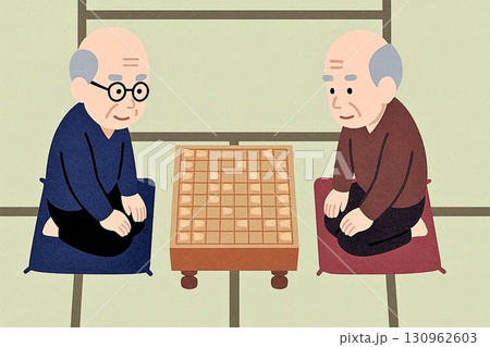 畳の座敷で将棋を楽しむお爺ちゃん二人の俯瞰イラスト 130962603