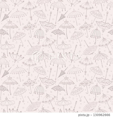 Seamless pattern of hand-drawn vintage umbrellas in soft beige tones, featuring intricate lace and decorative designs. 130962666