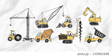 Vector doodle sketch of various heavy construction vehicles, including cranes, excavators, trucks, and loaders, in hand-drawn style on crumpled paper background Vector doodle sketch of various heavy construction vehicles, including cranes, excavators, trucks, and loaders, in hand-drawn style on crumpled paper background 130962696
