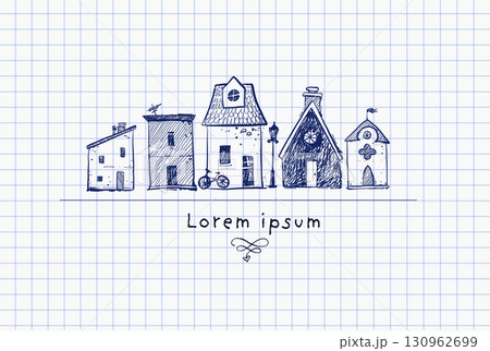 Hand drawn illustration of cute doodle houses in a row with place for your text below on lined paper 130962699